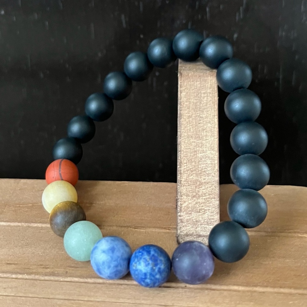 7 Stone Chakra Crystal 10mm Beaded Bracelet With Black Obsidian